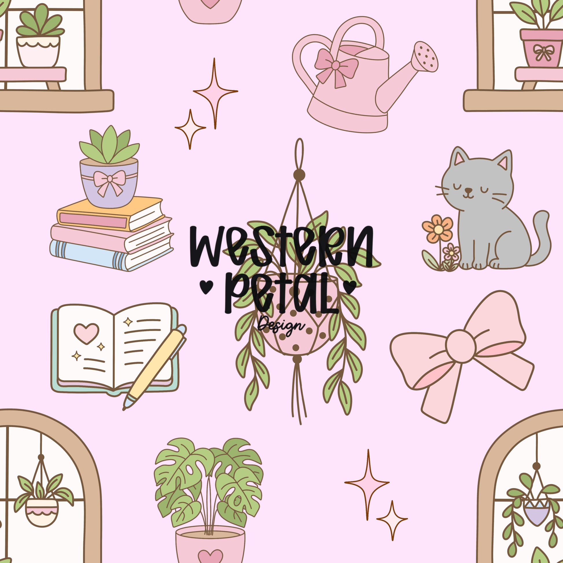 Houseplant Seamless Pattern PNG, Cottagecore Plant Digital Paper, Cozy Cat Books Pattern, Pink Botanical Design, 12x12 Sublimation Download