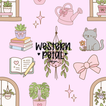 Houseplant Seamless Pattern PNG, Cottagecore Plant Digital Paper, Cozy Cat Books Pattern, Pink Botanical Design, 12x12 Sublimation Download