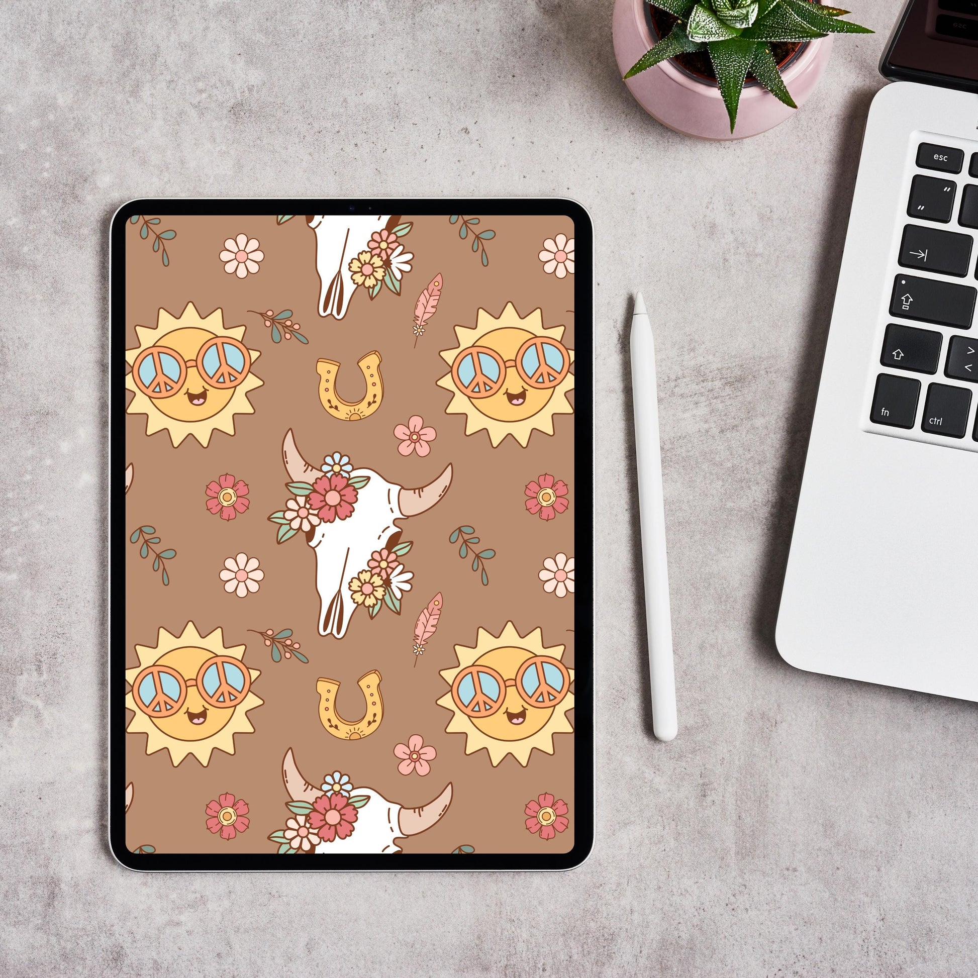 Boho Western Seamless Pattern | Hippie Sun, Longhorn Skulls (PNG Digital Paper)
