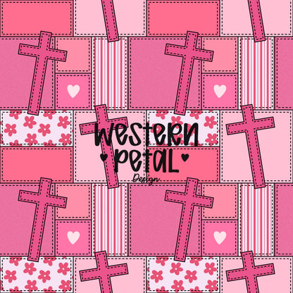 Pink Christian Seamless Pattern PNG, Faith Cross Patchwork Digital Paper, Girly Bible Verse Pattern, Floral Heart Quilt Design, 12x12