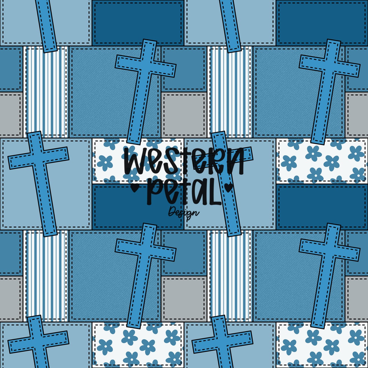 Blue Faith Patchwork Seamless Pattern, Christian Quilt Design (Digital Background)