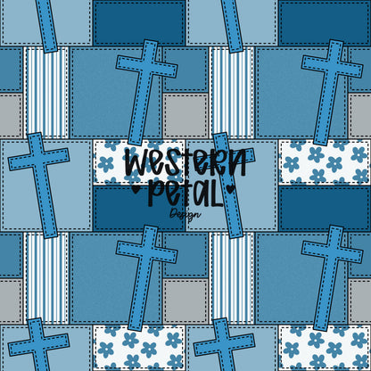 Blue Faith Patchwork Seamless Pattern, Christian Quilt Design (Digital Background)