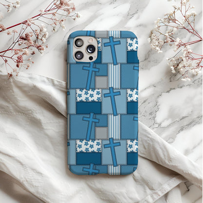 Blue Faith Patchwork Seamless Pattern, Christian Quilt Design (Digital Background)