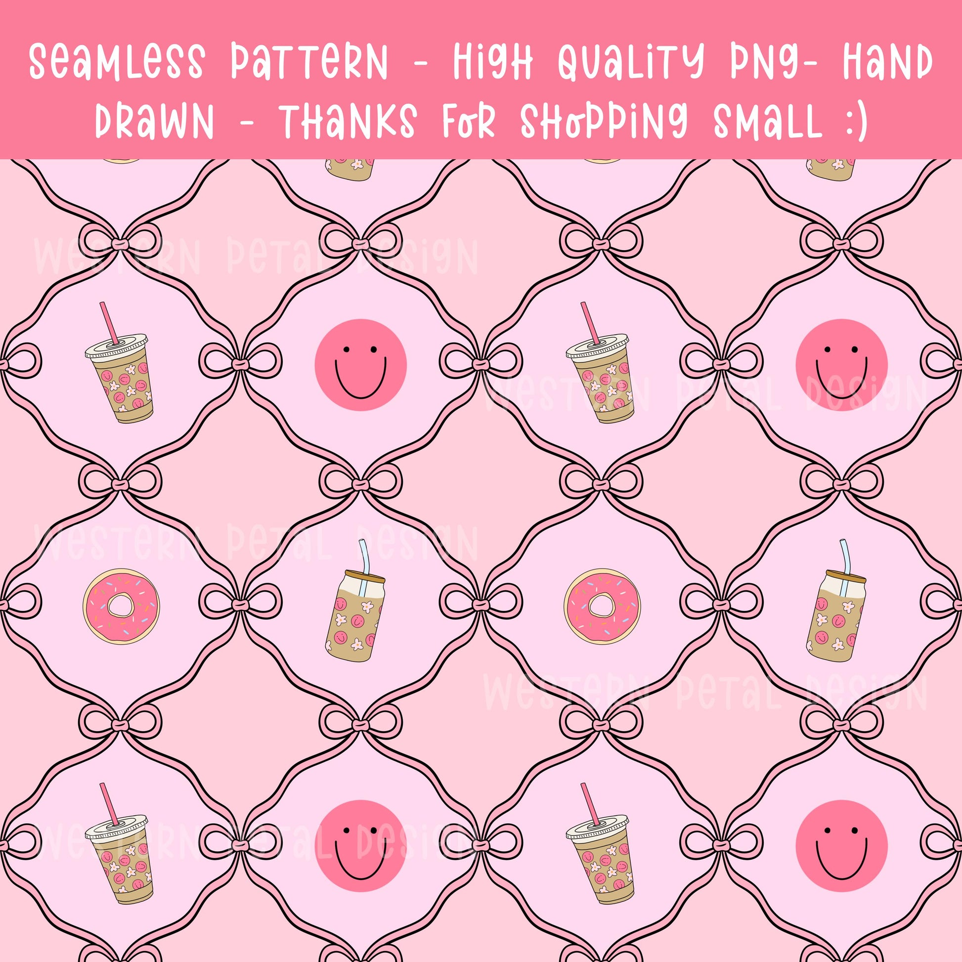 Pink Preppy Seamless Pattern, Bows, Donut, Coffee (Digital Download)