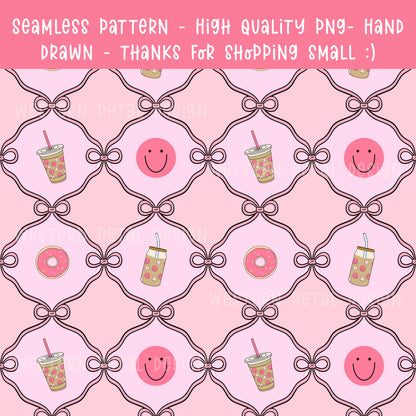 Pink Preppy Seamless Pattern, Bows, Donut, Coffee (Digital Download)