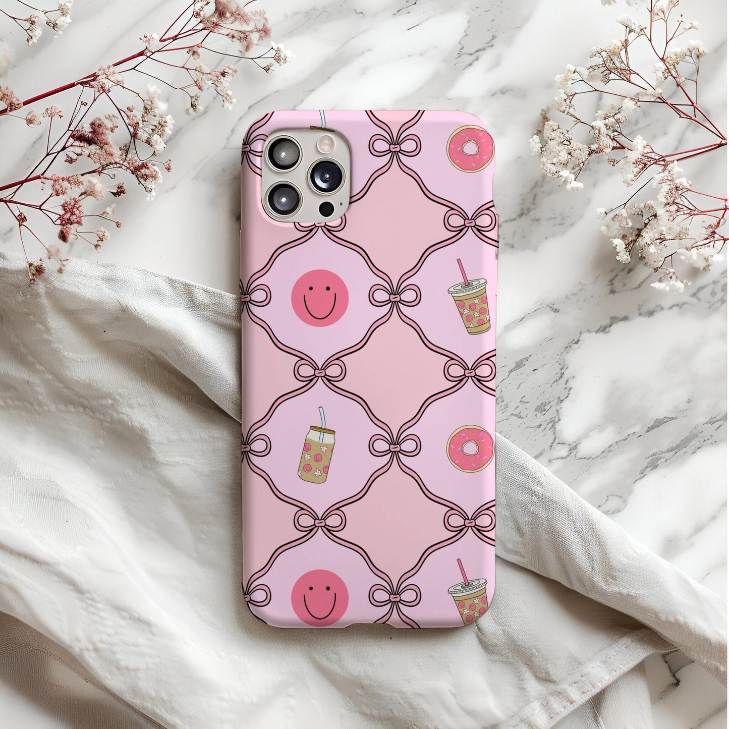 Pink Preppy Seamless Pattern, Bows, Donut, Coffee (Digital Download)