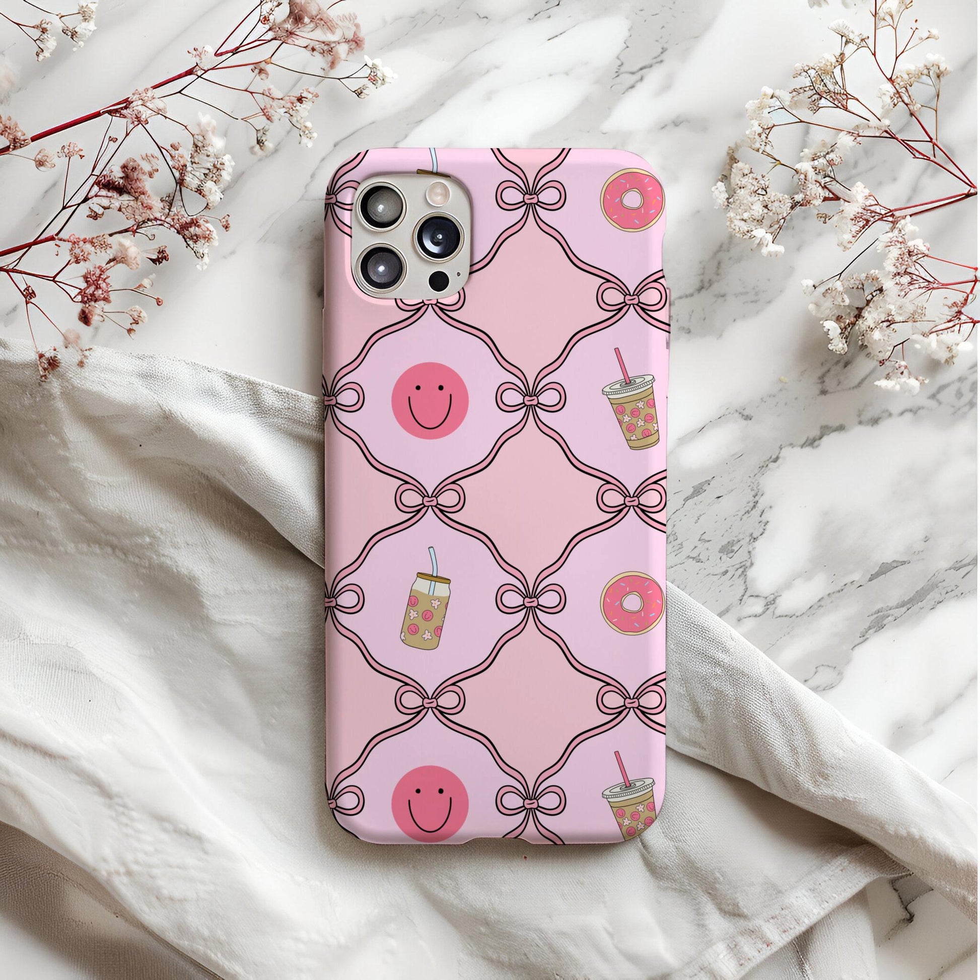 Pink Preppy Seamless Pattern, Bows, Donut, Coffee (Digital Download)