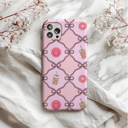 Pink Preppy Seamless Pattern, Bows, Donut, Coffee (Digital Download)