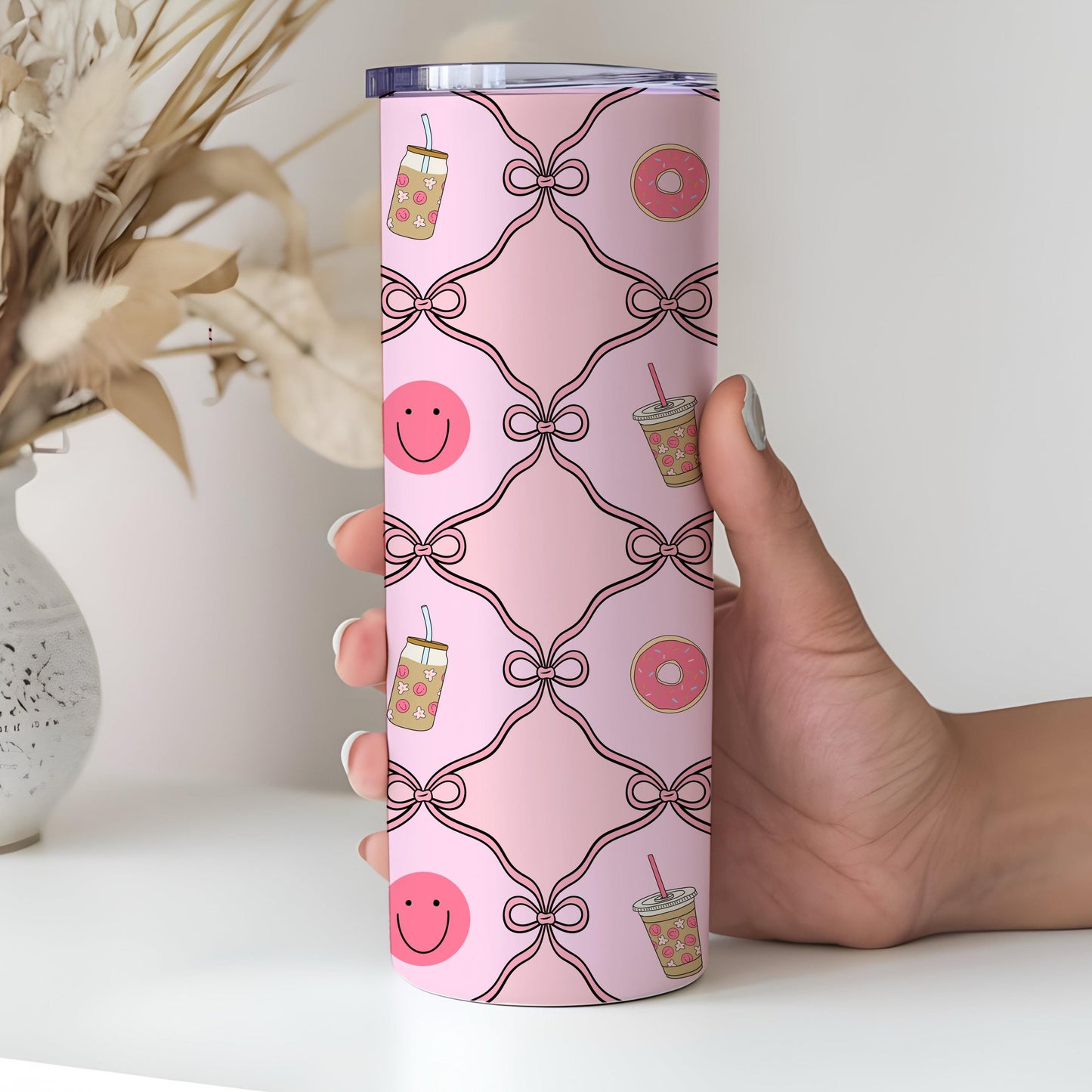 Pink Preppy Seamless Pattern, Bows, Donut, Coffee (Digital Download)