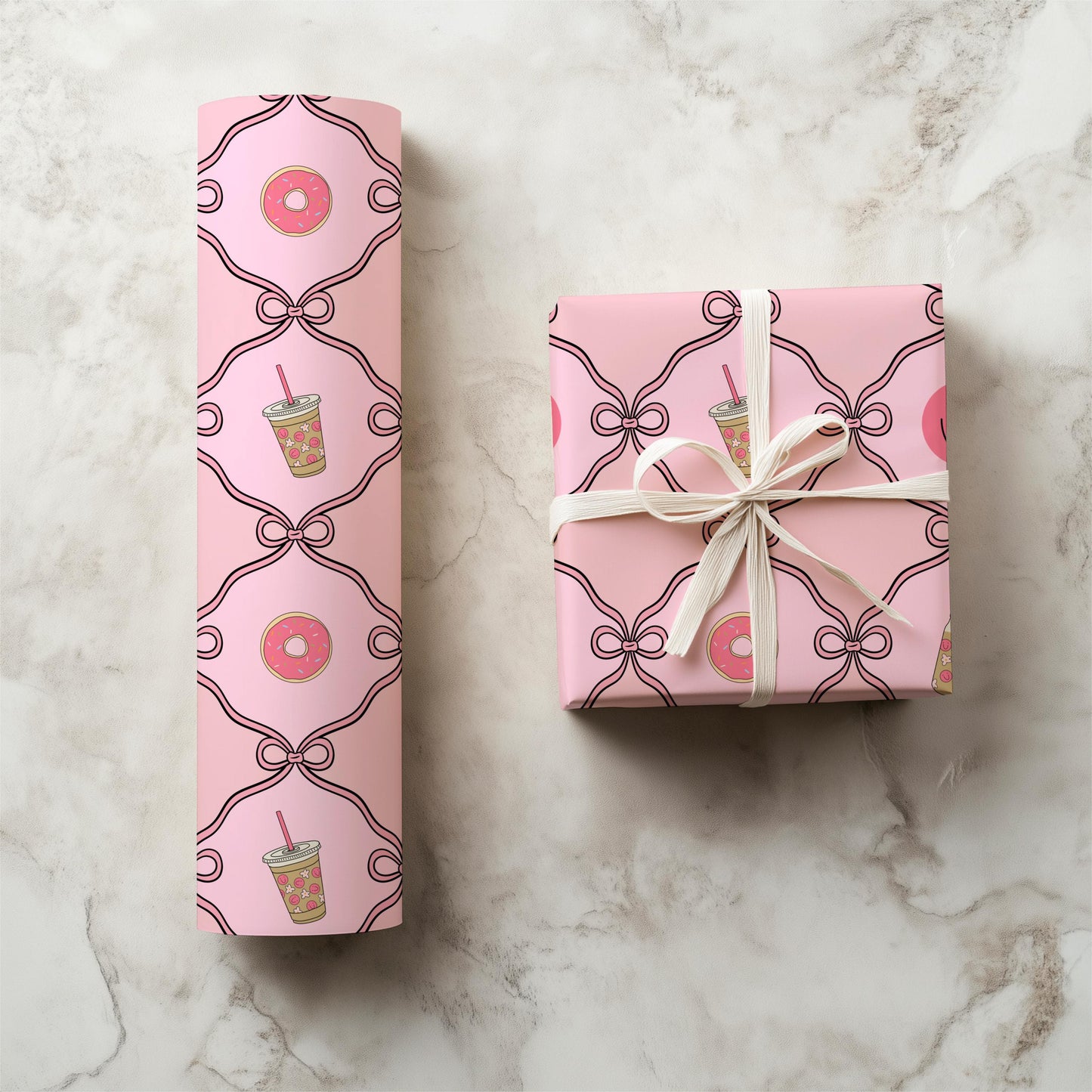 Pink Preppy Seamless Pattern, Bows, Donut, Coffee (Digital Download)