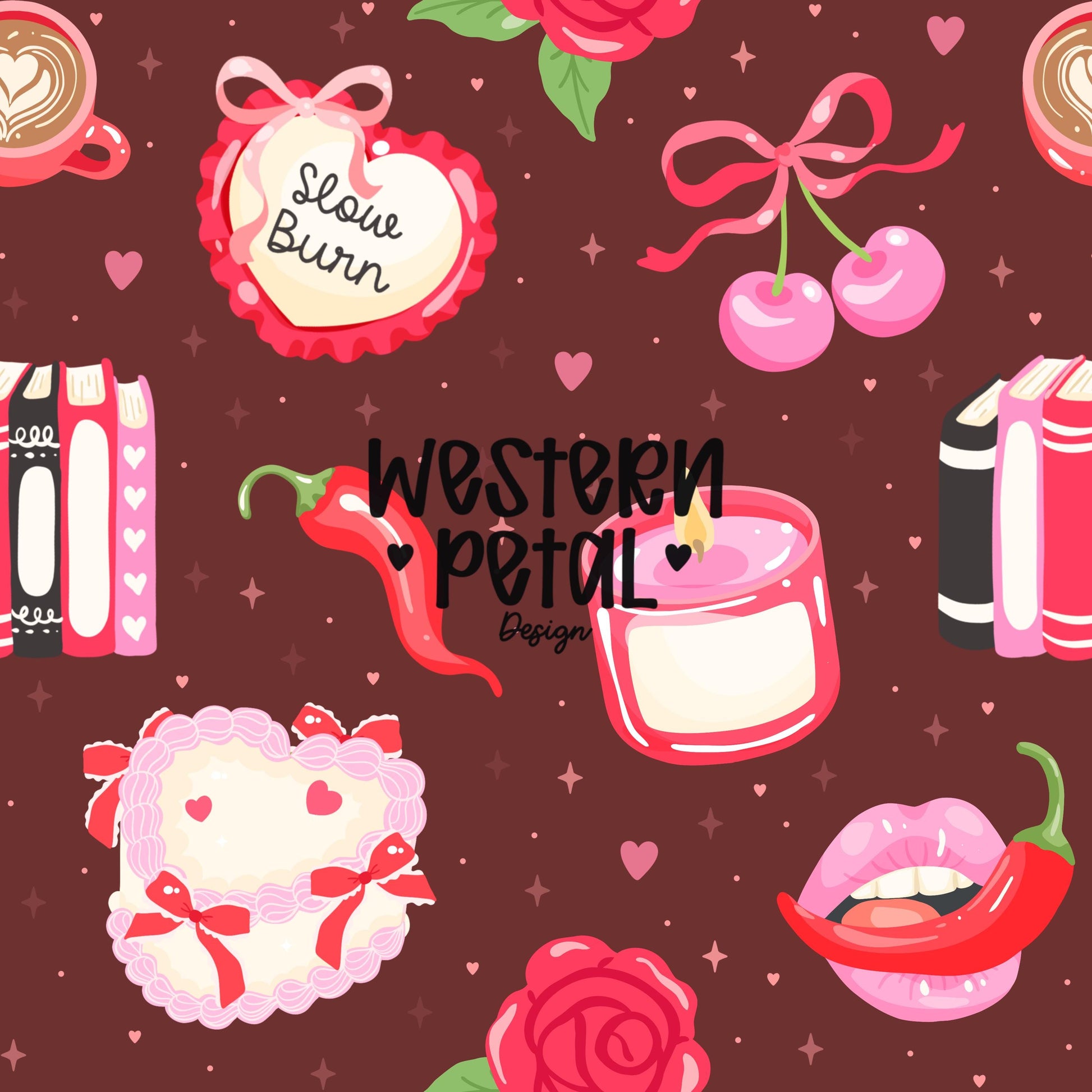 Seamless Valentine pattern with cherries, books, candles, bows, and hearts