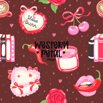 Seamless Valentine pattern with cherries, books, candles, bows, and hearts