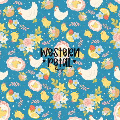 Spring Chicken Seamless Pattern | Easter Farm Floral Fabric (Digital Paper)