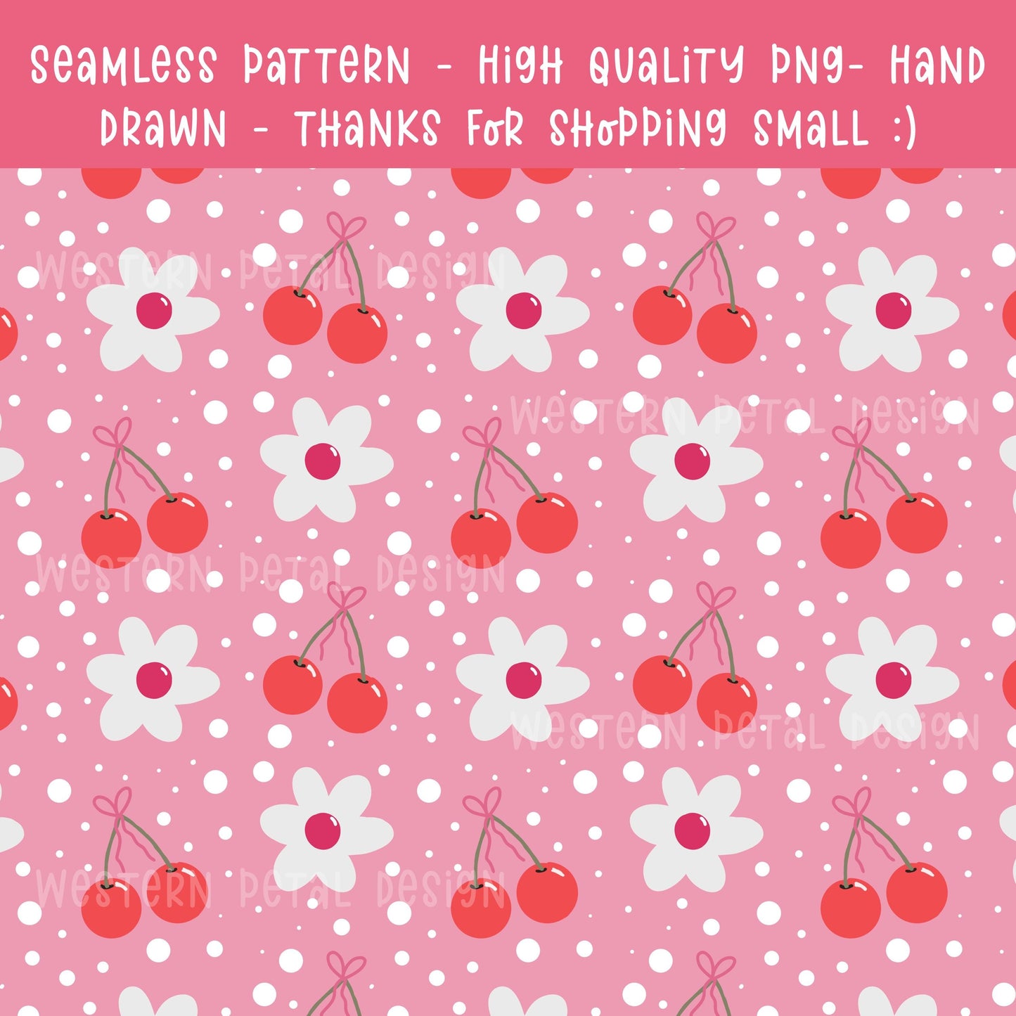 Cherry Seamless Pattern: Pink Floral Retro Digital Paper (12x12 inch PNG)