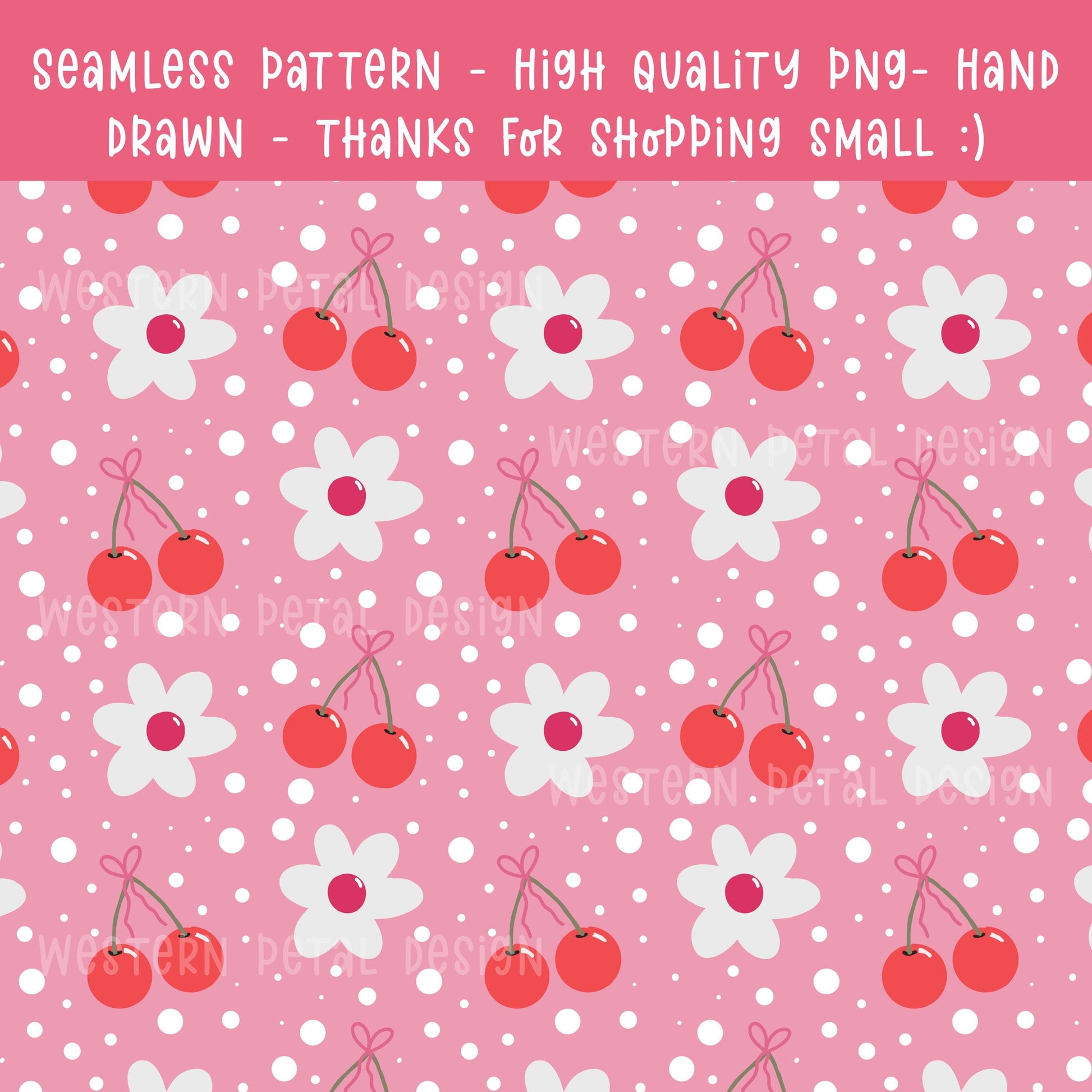Cherry Seamless Pattern: Pink Floral Retro Digital Paper (12x12 inch PNG)