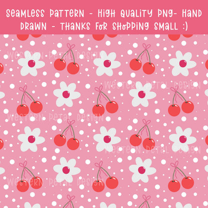 Cherry Seamless Pattern: Pink Floral Retro Digital Paper (12x12 inch PNG)