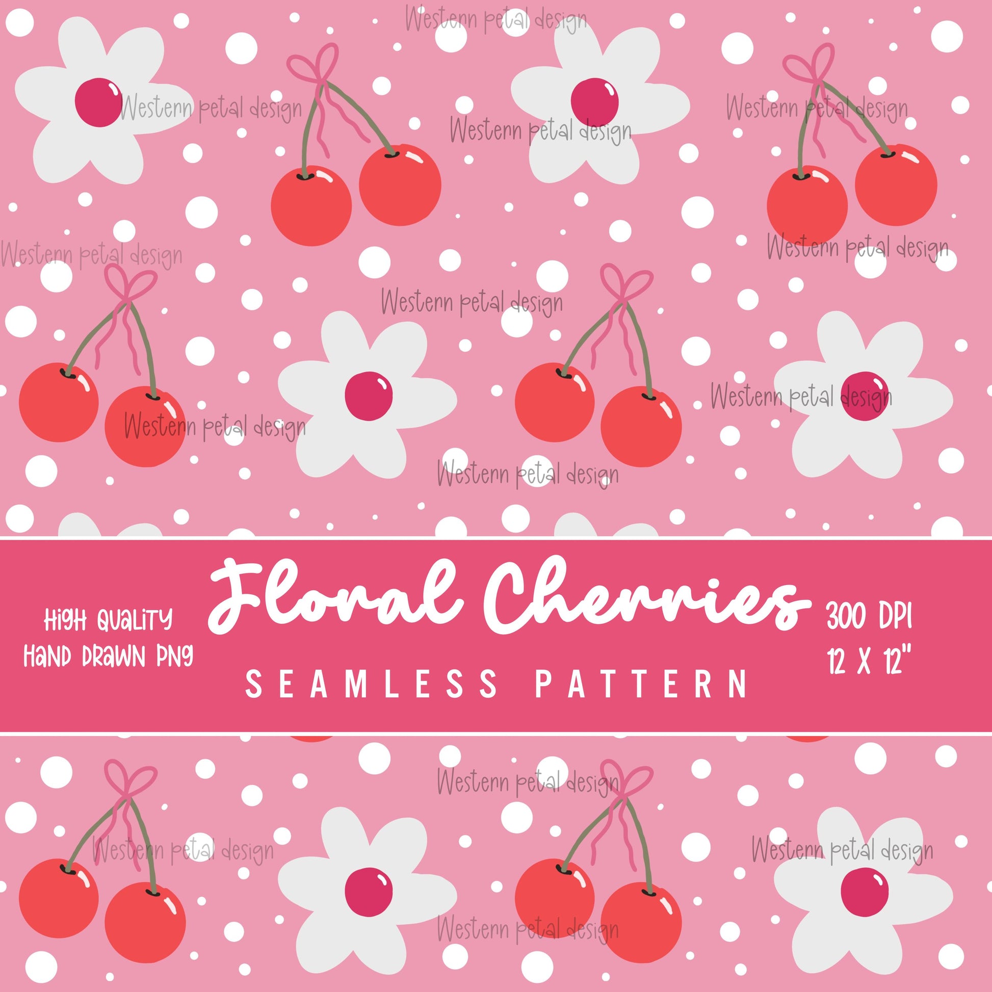 Seamless pink cherry pattern with red cherries, white flowers, and polka dots in a cute retro digital paper design