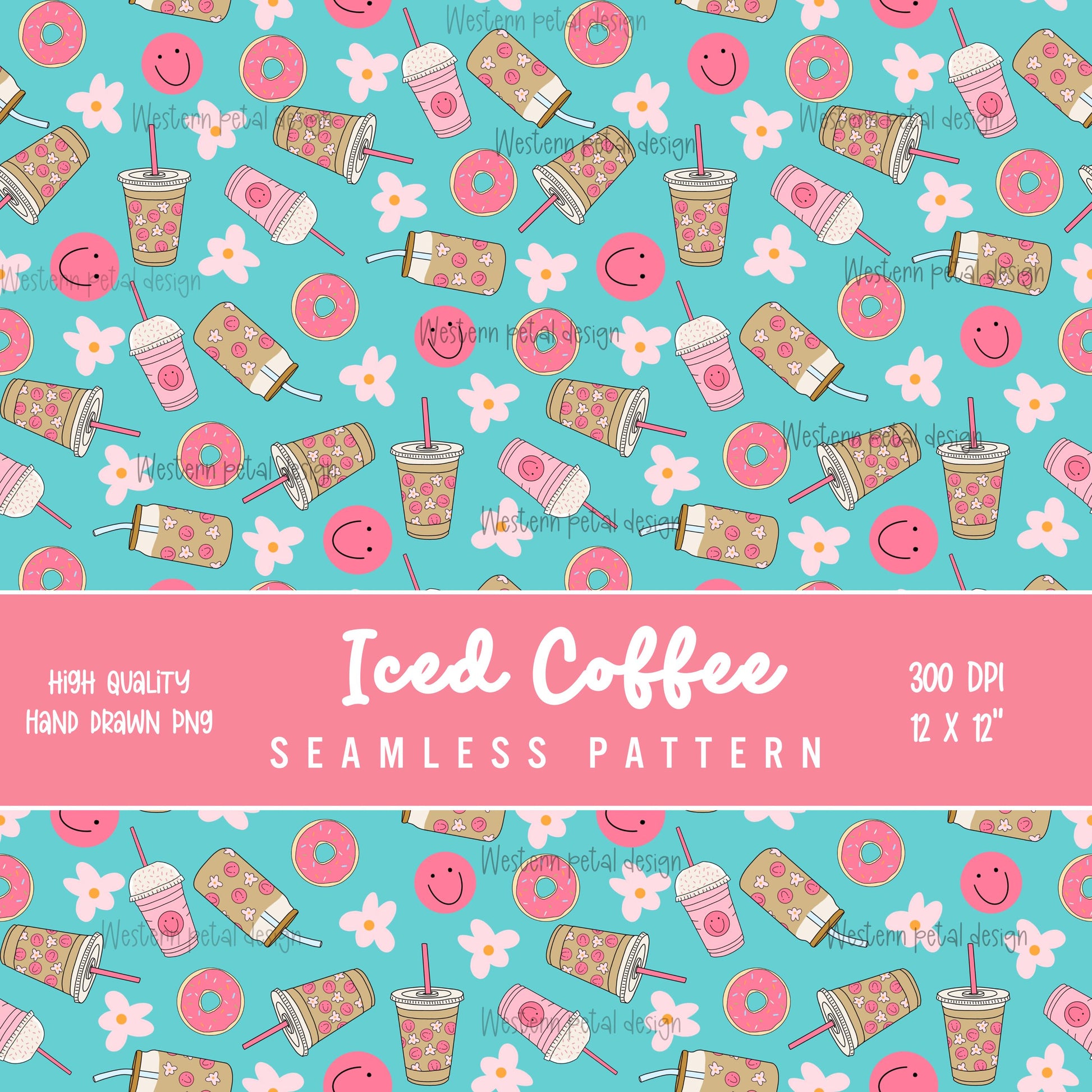 Smiley Coffee Seamless Pattern | Pink Teal Donut Floral PNG (Digital Download