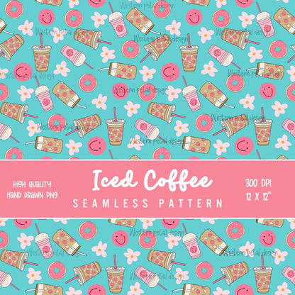 Smiley Coffee Seamless Pattern | Pink Teal Donut Floral PNG (Digital Download