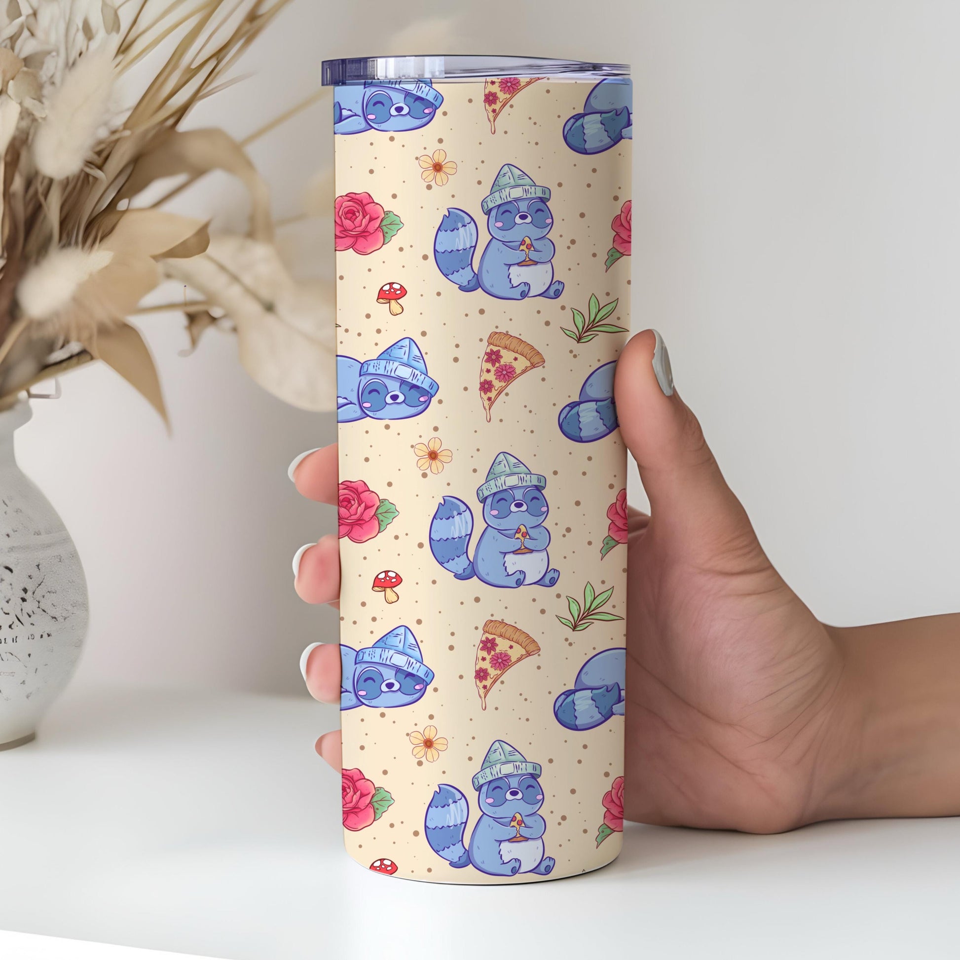 Kawaii Raccoon Seamless Pattern PNG, Cute Pizza Raccoon Digital Paper, Floral Mushroom Woodland Pattern, 12x12 Sublimation Download