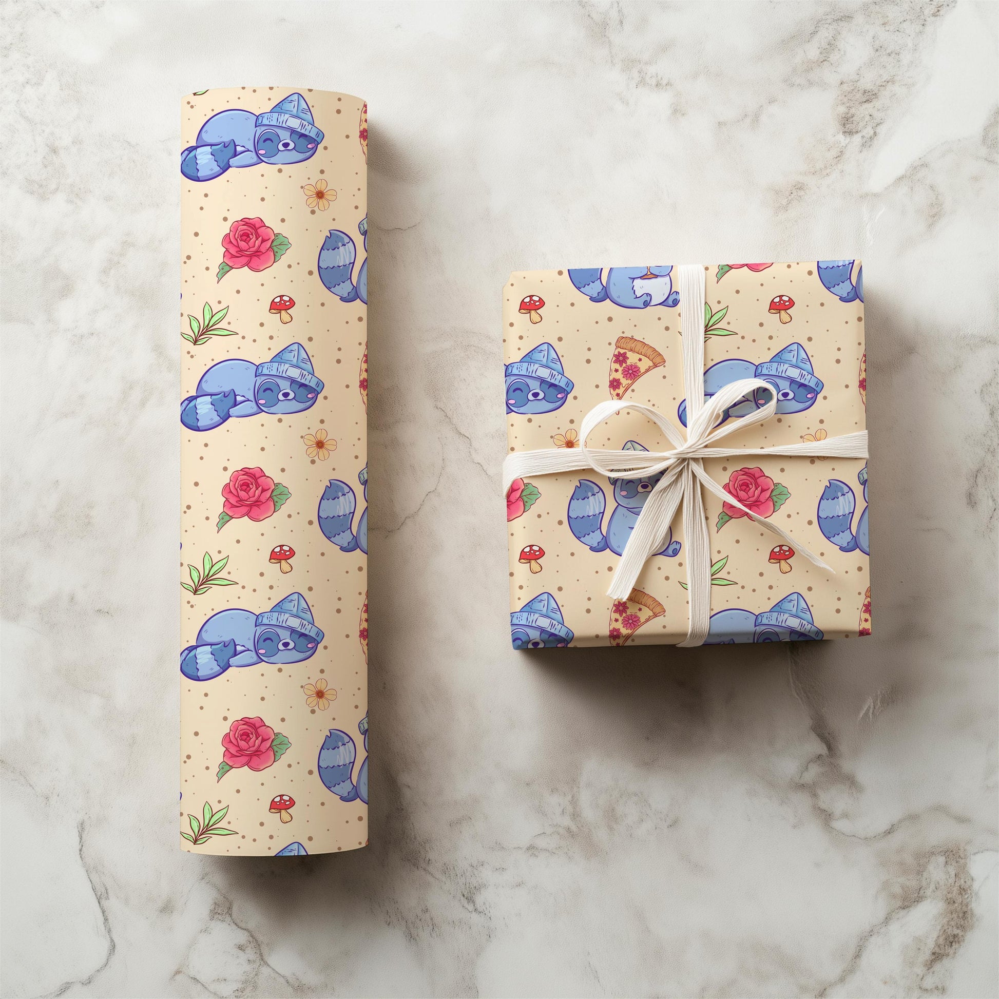 Kawaii Raccoon Seamless Pattern PNG, Cute Pizza Raccoon Digital Paper, Floral Mushroom Woodland Pattern, 12x12 Sublimation Download