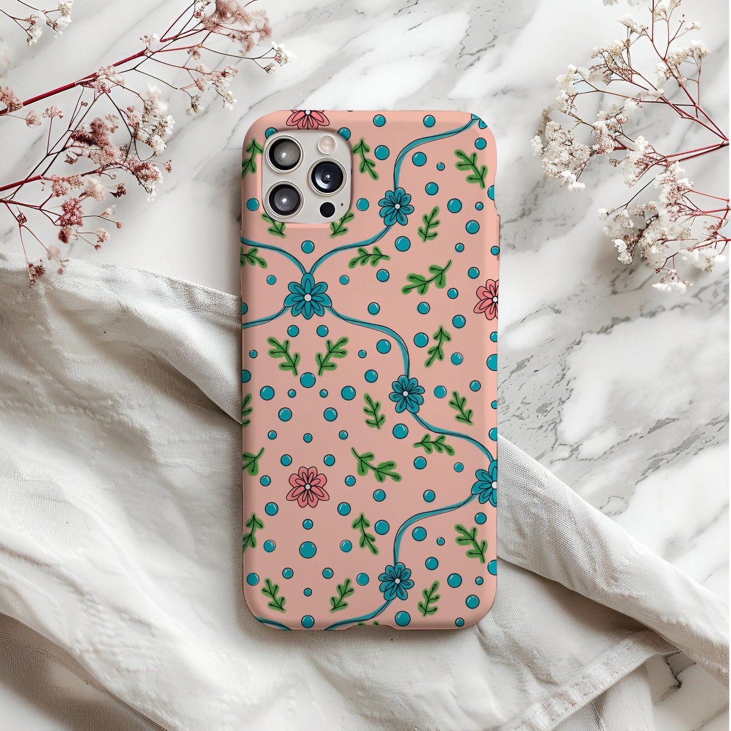 Hand Drawn Floral Vine Seamless Pattern, Pink Teal Botanical Digital Paper (12x12 File)