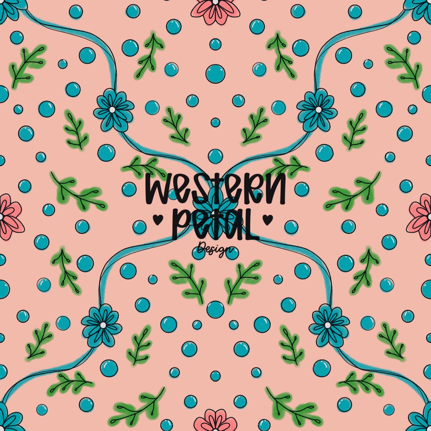 Hand drawn floral vine seamless pattern with teal flowers, green leaves, and dots on a blush pink background, boho botanical digital paper