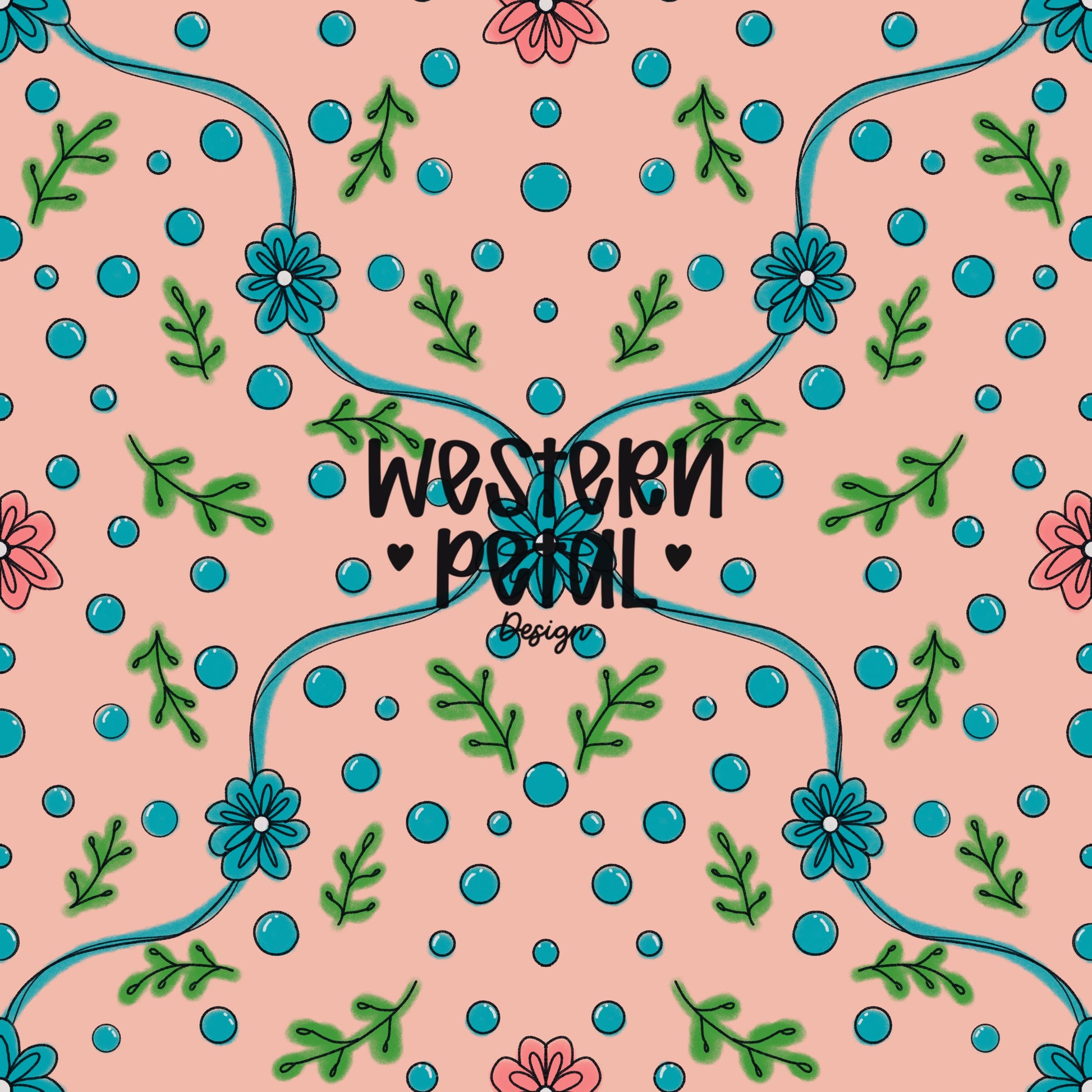 Hand drawn floral vine seamless pattern with teal flowers, green leaves, and dots on a blush pink background, boho botanical digital paper