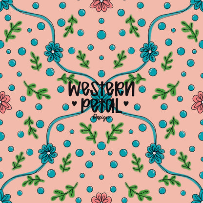 Hand drawn floral vine seamless pattern with teal flowers, green leaves, and dots on a blush pink background, boho botanical digital paper