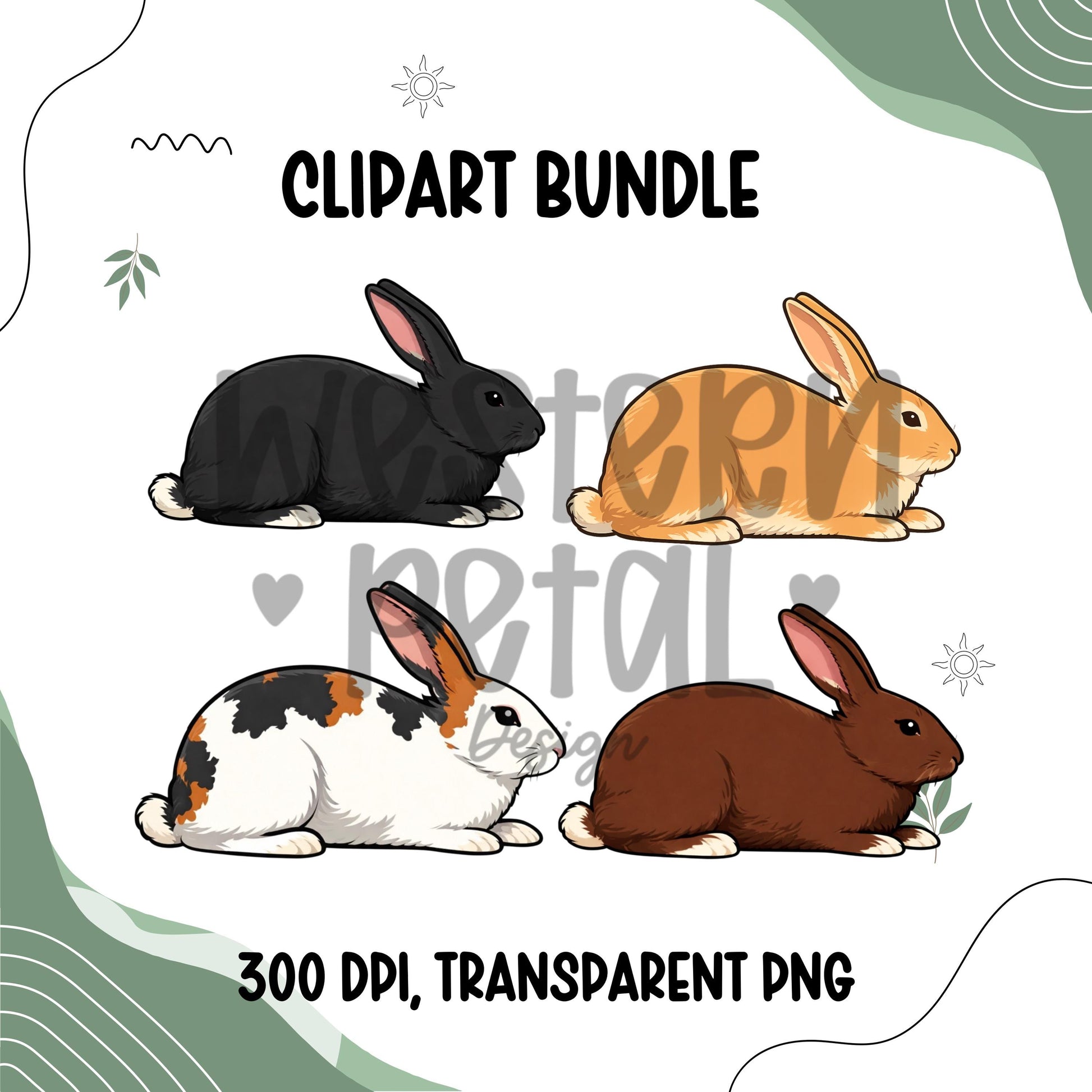 Rabbit clipart bundle featuring four show bunny illustrations in black, tan, broken, and brown coat colors, farm animal rabbit PNGs with transparent backgrounds, high resolution digital clipart for 4H and farm designs