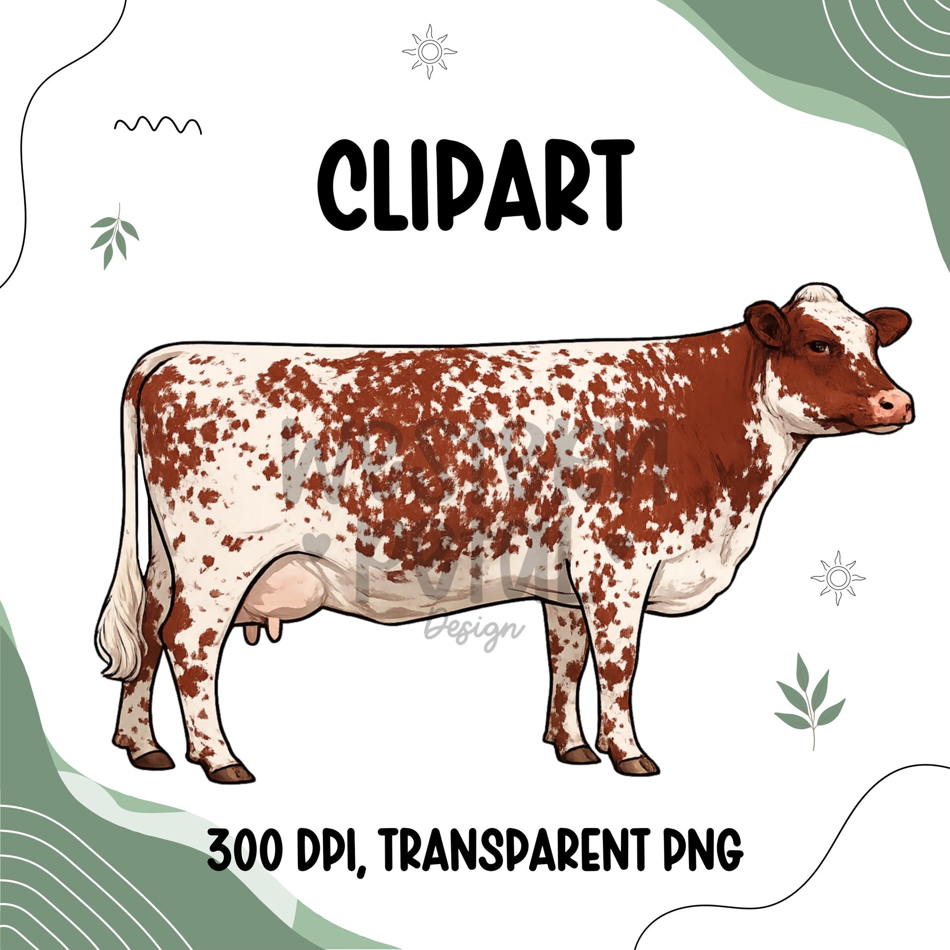Dairy Cow Clipart Bundle, Farm Animal PNG Graphics (300 DPI Transparent)