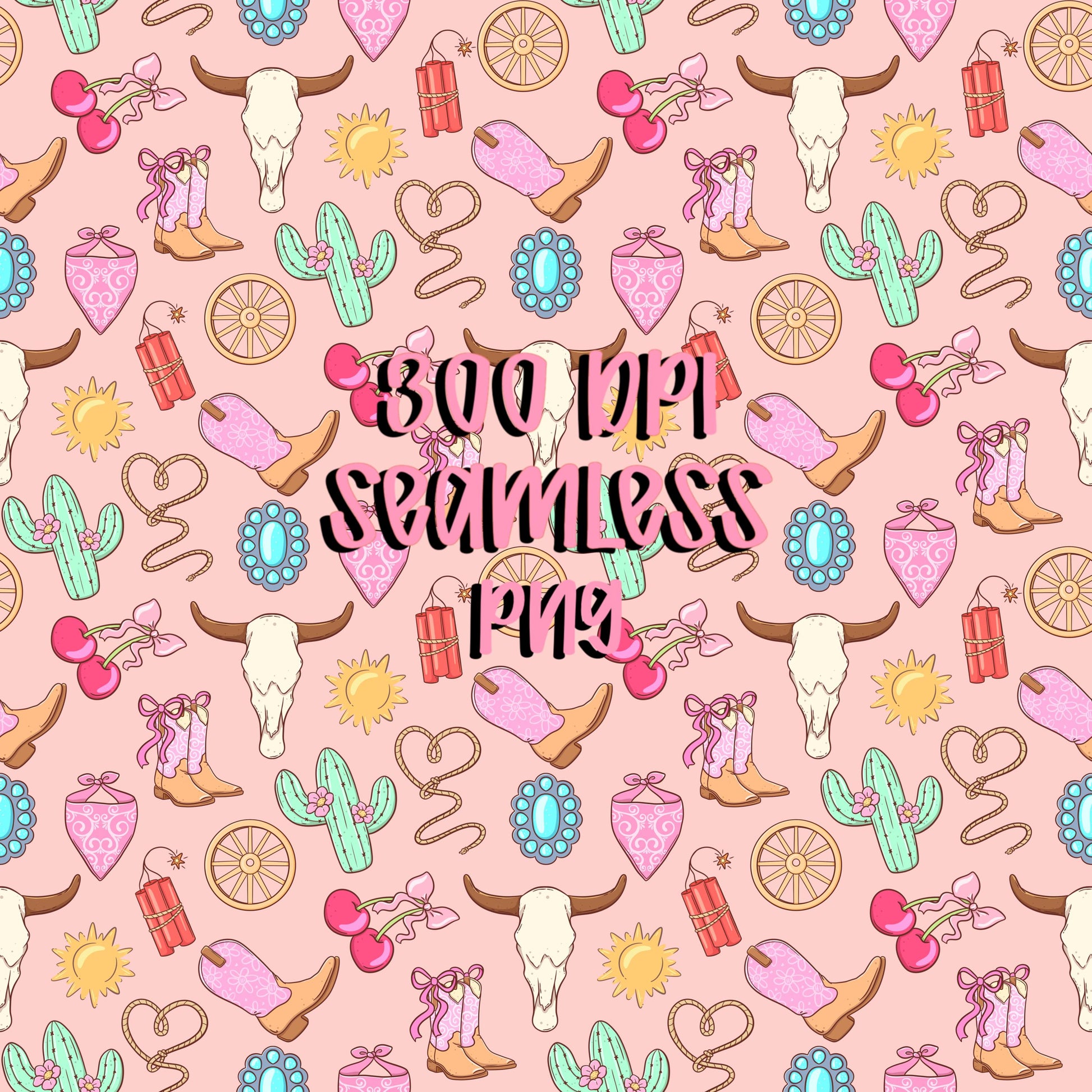Pink Cowgirl Seamless Pattern, Western Digital Paper, Turquoise Cow Skull, Boots, Cacti, Rope Hearts, Wheels, Sublimation, Scrapbooking