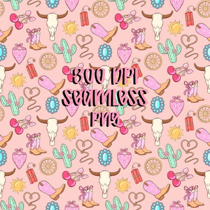 Pink Cowgirl Seamless Pattern, Western Digital Paper, Turquoise Cow Skull, Boots, Cacti, Rope Hearts, Wheels, Sublimation, Scrapbooking