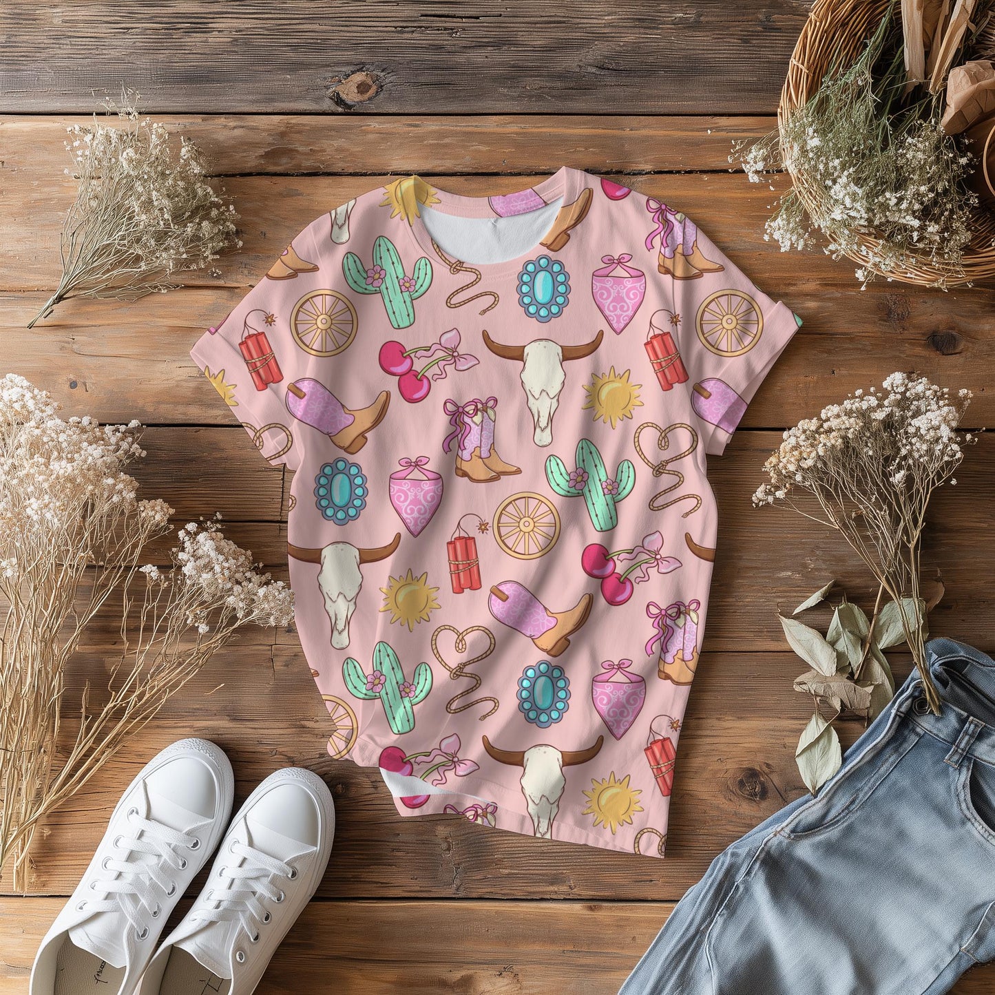 Pink Cowgirl Seamless Pattern, Western Digital Paper, Turquoise Cow Skull, Boots, Cacti, Rope Hearts, Wheels, Sublimation, Scrapbooking