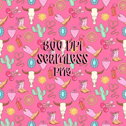 Cowgirl Icon Seamless Pattern | Pink Turquoise Western PNG for Fabric, Sublimation, Scrapbooking, Party Decor, Digital Paper