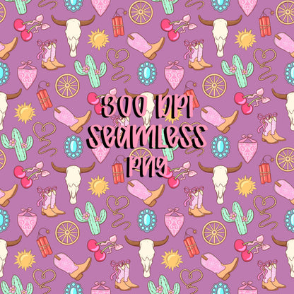 Western Seamless Pattern Bundle Cowgirl Icons Pink Blue Purple 12x12 PNG Commercial Use