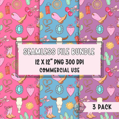 Western Seamless Pattern Bundle Cowgirl Icons Pink Blue Purple 12x12 PNG Commercial Use