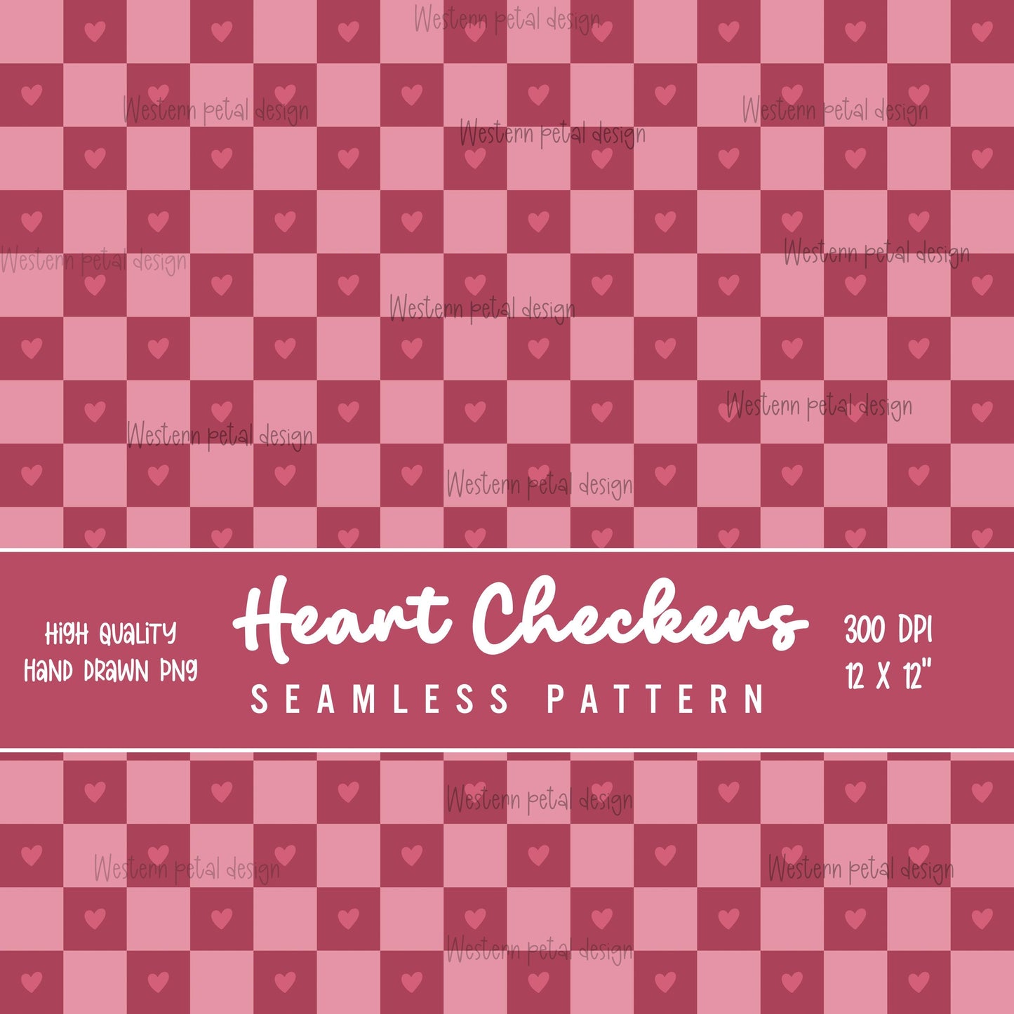 Pink heart checkerboard seamless digital pattern