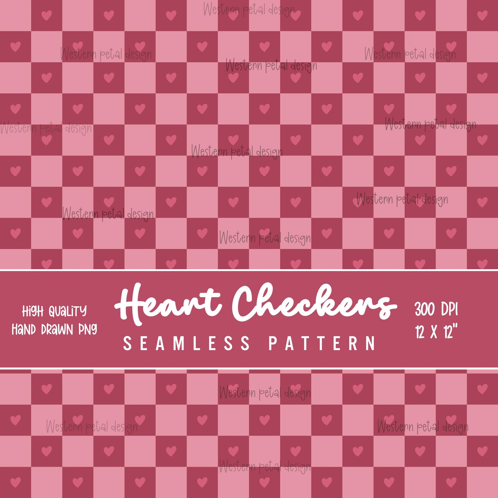 Pink heart checkerboard seamless digital pattern