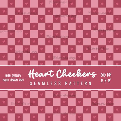 Pink heart checkerboard seamless digital pattern