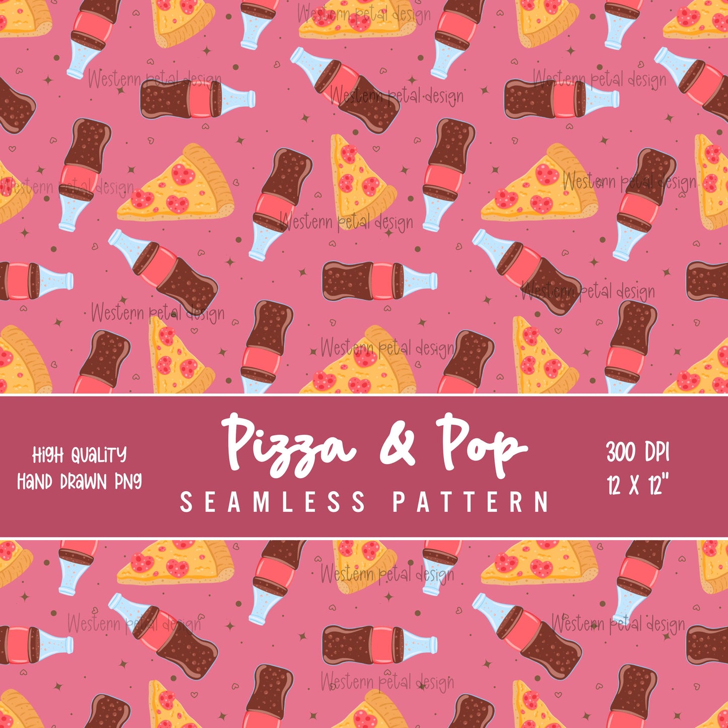 Pizza and soda seamless digital pattern with pink background