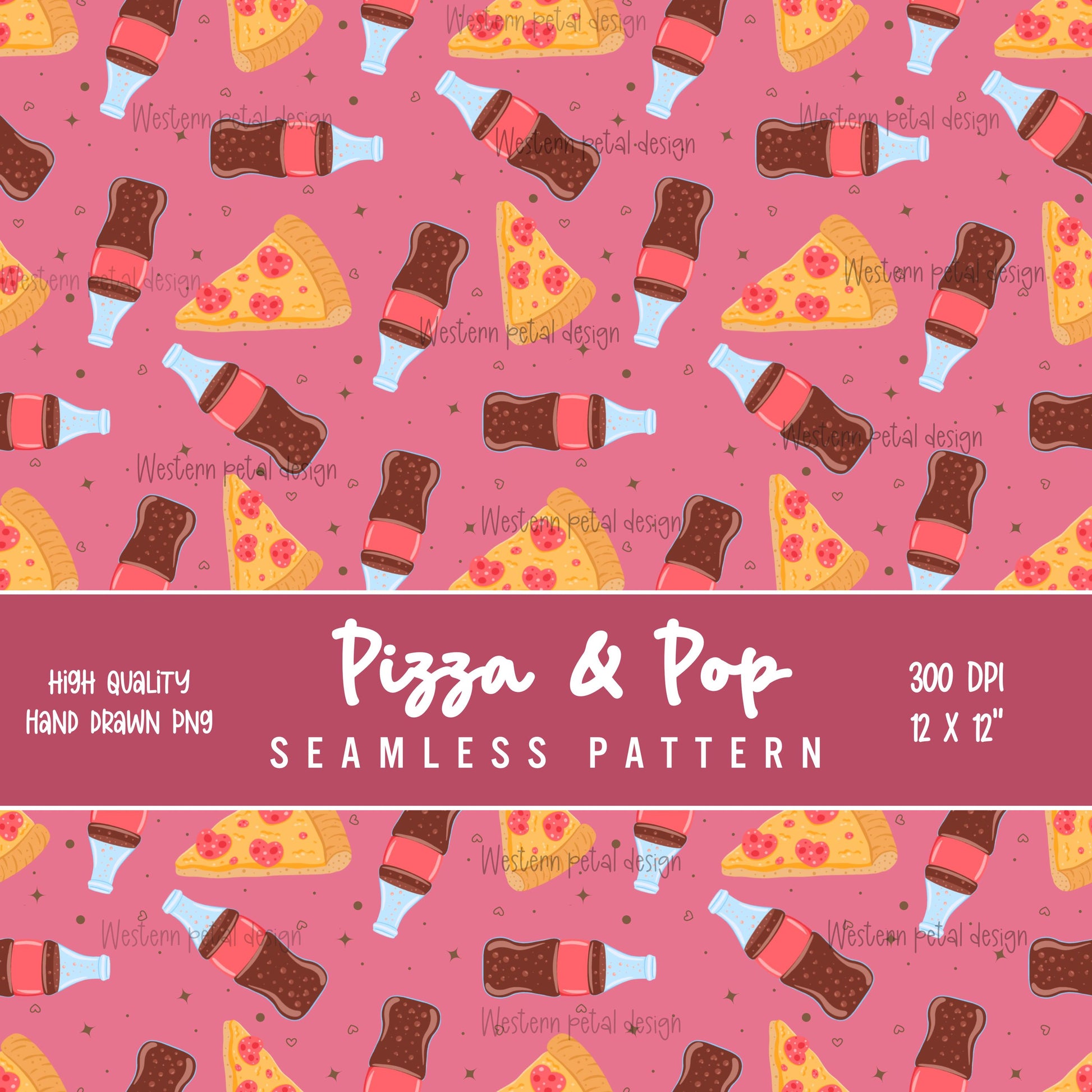 Pizza and soda seamless digital pattern with pink background