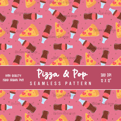 Pizza and soda seamless digital pattern with pink background