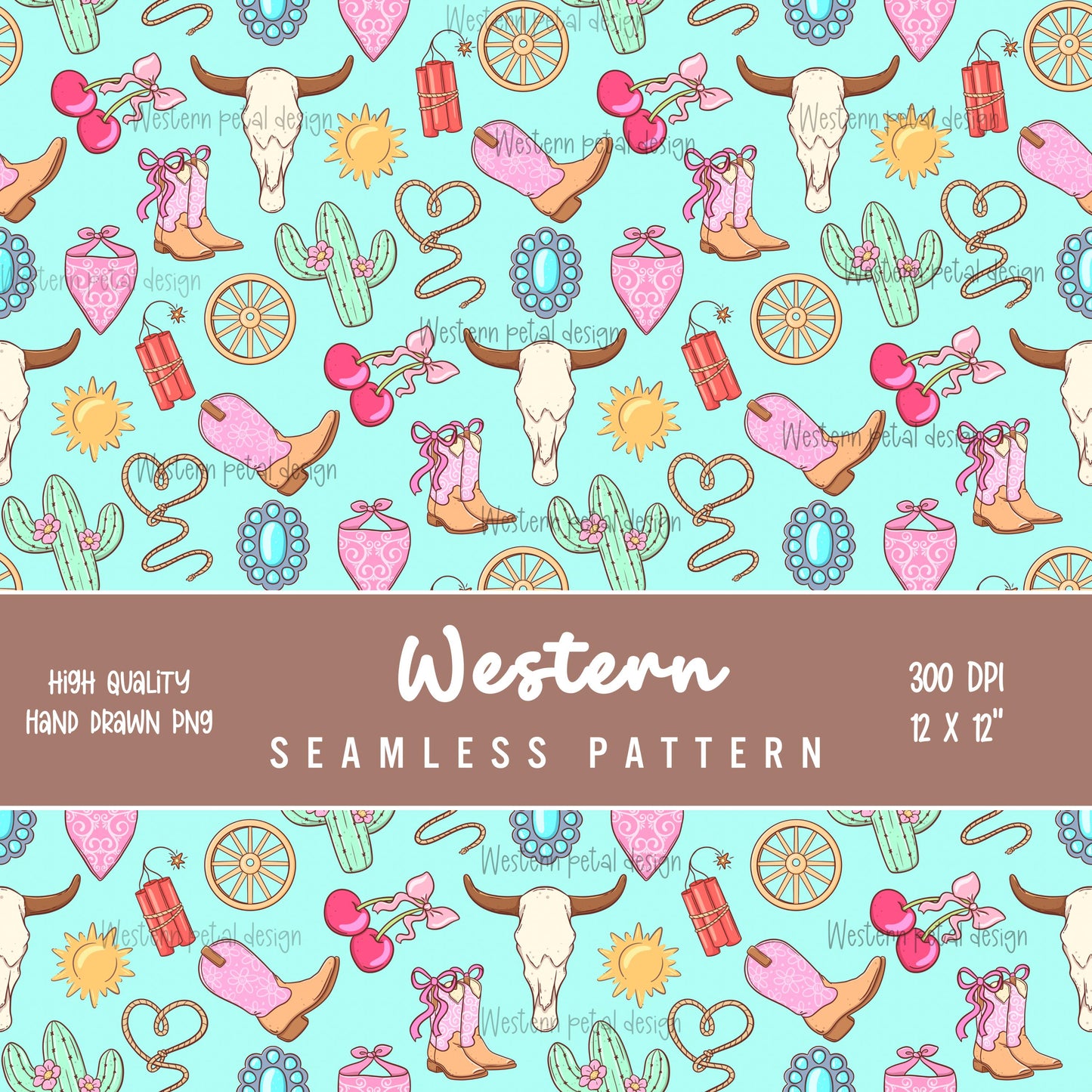 Cowgirl icon seamless digital pattern with western boots and cow skulls