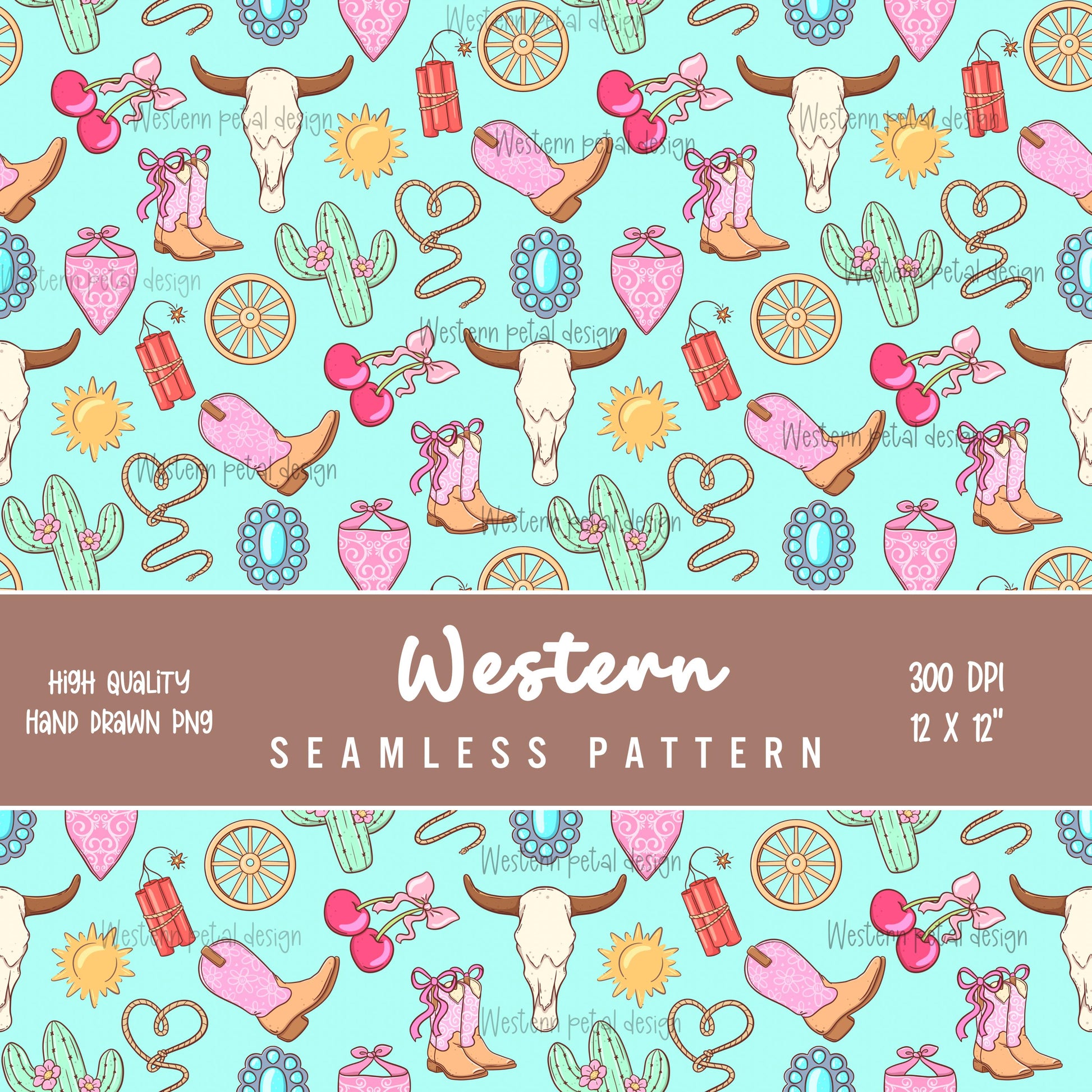 Cowgirl icon seamless digital pattern with western boots and cow skulls