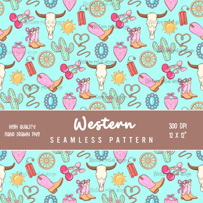 Cowgirl icon seamless digital pattern with western boots and cow skulls