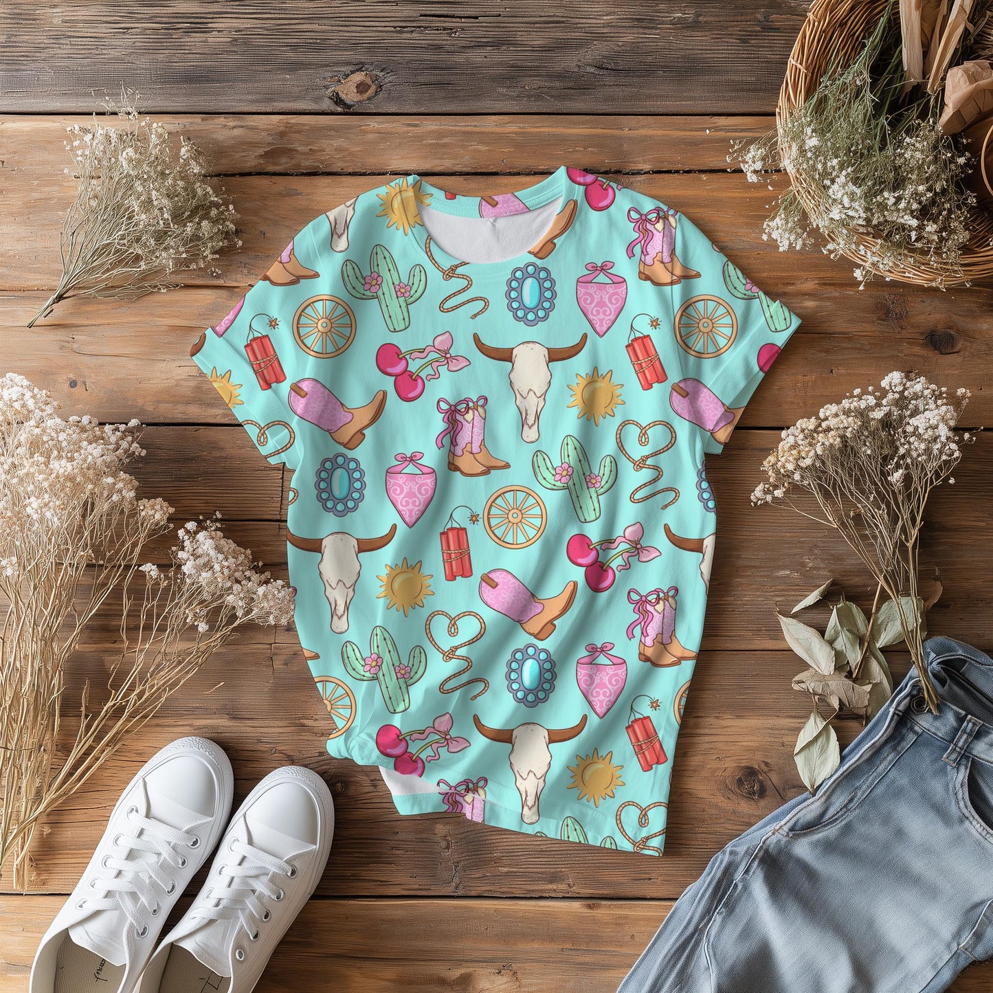 Cowgirl Icon Seamless Pattern | Pink Turquoise Western Digital Paper (PNG)
