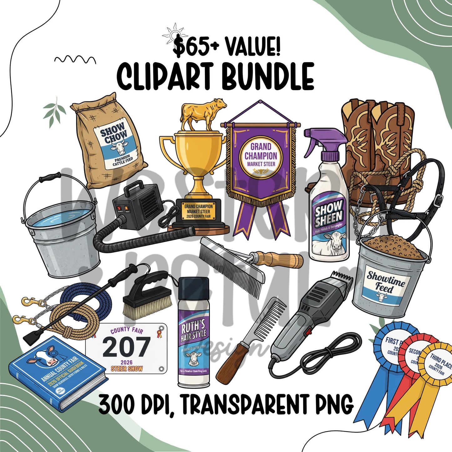 Livestock Show Clipart Bundle PNG, Show Gear Fitting Tools Clipart, 4H FFA Livestock Show Set, Awards Ribbon Western Clipart, Digital