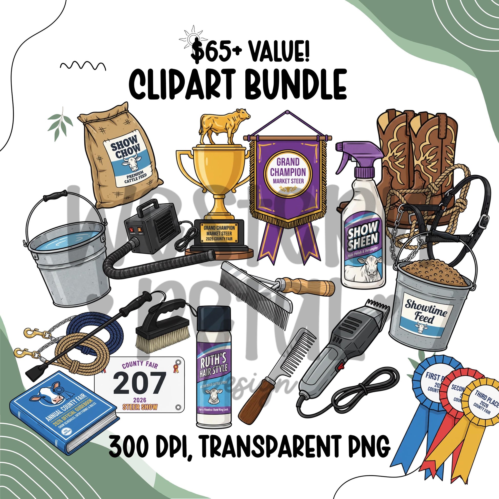 Livestock Show Clipart Bundle PNG, Show Gear Fitting Tools Clipart, 4H FFA Livestock Show Set, Awards Ribbon Western Clipart, Digital