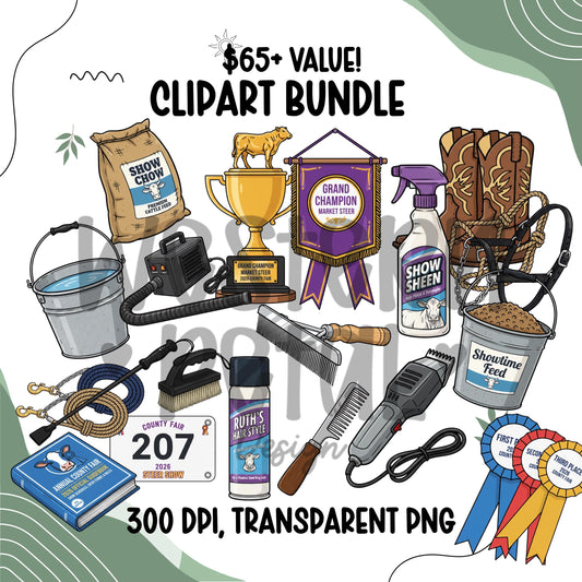 Livestock Show Clipart Bundle PNG, Show Gear Fitting Tools Clipart, 4H FFA Livestock Show Set, Awards Ribbon Western Clipart, Digital